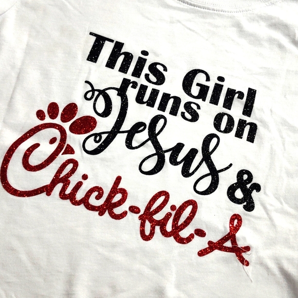 White Graphic Kids T-Shirt This Girl Runs On Jesus And Chick Fil A Tee - Picture 3 of 3